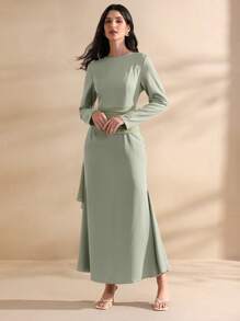 Graceveil Crew Neck Chiffon Patchwork Fitted Ruffled Hem Dress For Women Fall Cloth For Women - Green - View 3