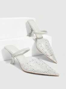CUCCOO SZL Tacchi alti donna con strass, punta appuntita e tallone scoperto, scarpe trasparenti e traforati, eleganti e sexy, décolleté chiusi con punta a punta e slip-on