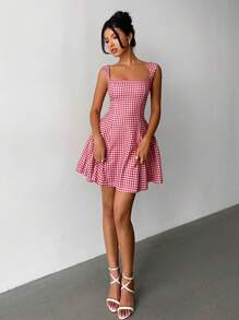 Aloruh Váy ngắn kẻ caro đỏ trắng thanh lịch cho nữ - Đỏ và trắng - Xem 4