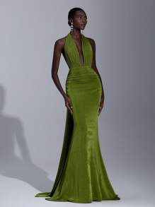 Elitara Elegante, romántico, sexy, minimalista, verde, de tela de punto, cuello halter, ajustado, cola de pez, de moda, estilo influencer, vestido para fiesta, cumpleaños, evento de boda, dama de honor