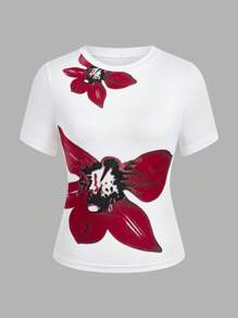 INAWLY T-shirt femme à manches courtes et col rond, style d'été - Blanc - Voir 3