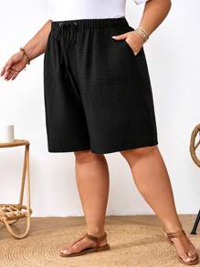 SHEIN CURVE+ Plus Size Women's Black Drawstring Waist Pockets Casual Country Linen Summer Shorts, Spring Vacation Summer/Country/Beach