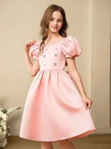SHEIN Robe de fête mi-longue élégante et luxueuse aux manches bouffantes roses, convient pour les fêtes, les mariages, les vacances, les anniversaires et plus encore - Rose bonbon - Voir 3