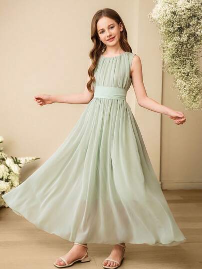 SHEIN Girls' Elegant Minimalist Chiffon Round Neck Sleeveless Cinched Waist Long Green Dress, Ethereal Bridesmaid Flower Girl Party Wedding Guest Dress