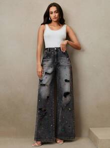 Anewsta Quần Jeans Xanh Nữ Thời Trang Cổ Điển Hiện Đại Màu Giặt Đính Đá Rhinestone, Thích Hợp Cho Lễ Hội Và Đi Chơi - màu đen - Xem 4