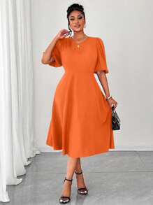 Maweii Plus Size Women Woven Puff Sleeve Orange Dress - Orange - View 3