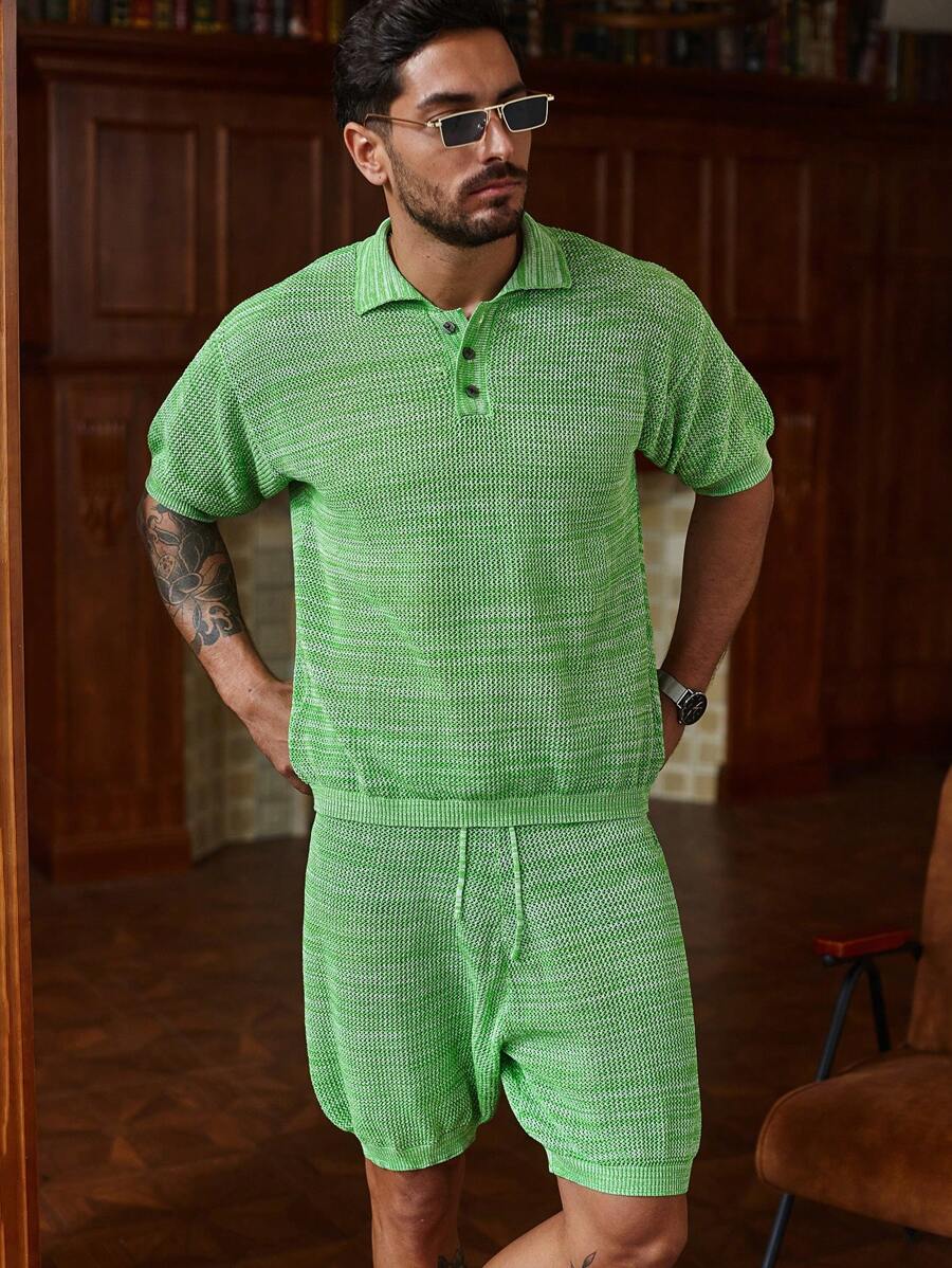 Manfinity Homme 男士纯色纽扣衬衫和短裤套装，度假纯色丈夫休闲服