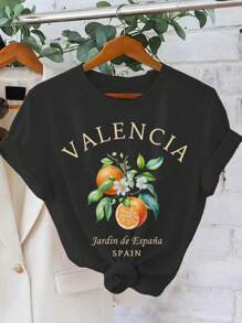 Calvaya Round Neck Short Sleeved T-Shirt With Slogan And Orange Print, Suitable For Spring And Summer - Black - View 1