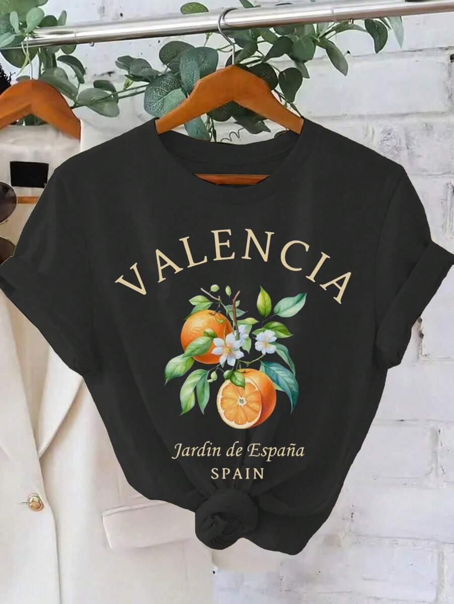 Calvaya Round Neck Short Sleeved T-Shirt With Slogan And Orange Print, Suitable For Spring And Summer - Black - View 1
