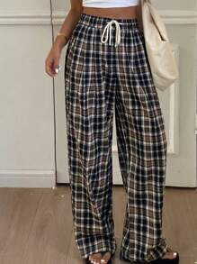 DAZY Plaid Drawstring Wide Leg Pants, Casual Street Style Women Long Trousers, Summer - Navy Blue - View 4