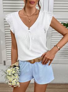 SHEIN LUNE Women Casual Solid Color Ribbed Pleated Patchwork Bow V-Neck T-Shirt, Basic Daily Summer - White - View 8