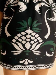 CAJUNI Vestido corto de manga de murciélago y cuello cuadrado con estampado floral de árboles de coco y piñas negras para mujer de talla grande, de uso casual en la playa y vacaciones - Multicolor - Ver 6
