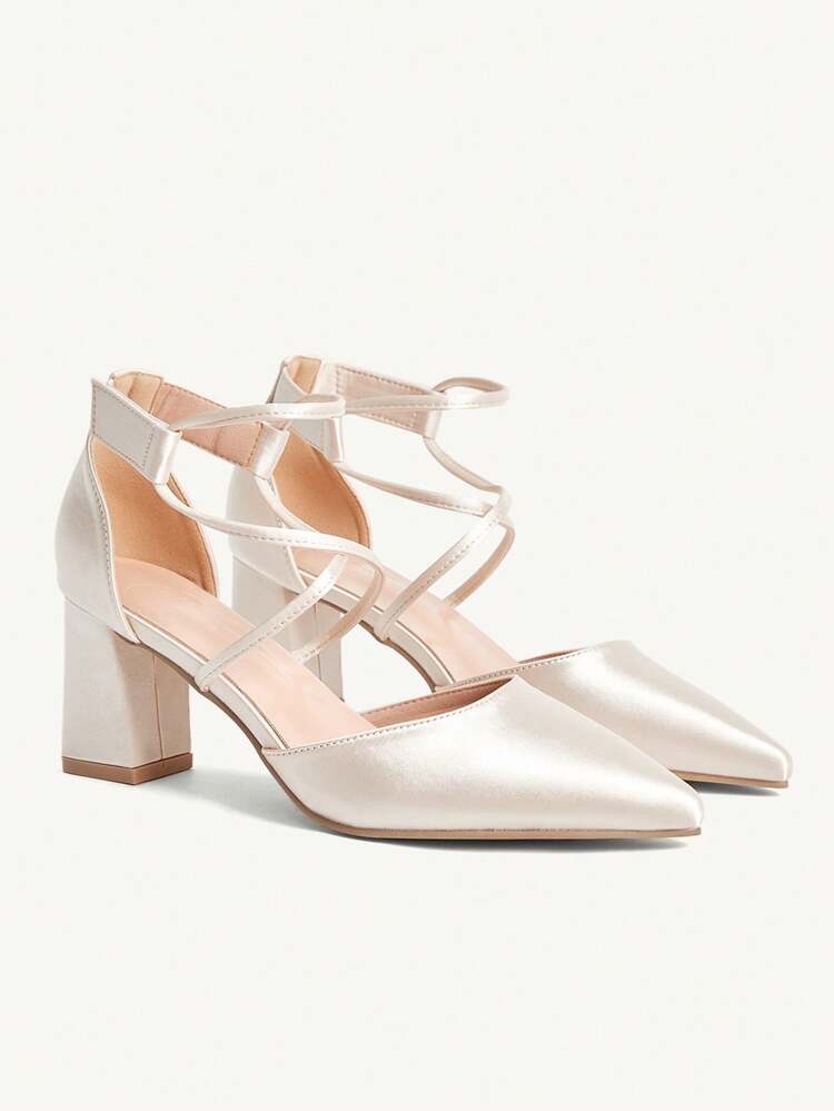 CUCCOO CHICEST Women's Elegant Pointed Toe Square Chunky Heel Criss-Cross Strap Satin Pumps, White, Suitable For Formal, Party, Work, Versatile Outfit, Evening For Christmas Elegant Shoes Wedding Shoes Summer Shoes Bride Shoes