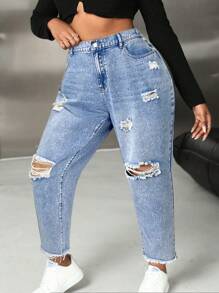 SHEIN SXY Pantalones vaqueros rotos de talla grande con ajuste entallado - Pantalones vaqueros negros de talla grande - Pantalones vaqueros negros - Pantalones para Halloween - Pantalones bajos para salir - Pantalones vaqueros para mujer - Pantalones de otoño - Pantalones de mezclilla - Ropa de mujer de otoño - Pantalones vaqueros de vaquera - Lavado ligero - Ver 6