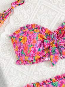 Swim Mod Women Random Floral Print Cute Ruffled High Waist Bikini Set, Summer - Multicolor - View 5