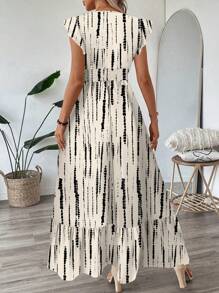 SHEIN LUNE 复古风格休闲度假扎染条纹褶皱盖袖收腰荷叶边下摆 A 字连衣裙，豹纹休闲度假优雅户外装，女士，适合春夏季 - 彩色 - 查看 2