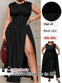 SHEIN CURVE+ CURVE PLUS 大码新款无袖高腰高开衩连衣裙，适合大码女士，春夏，Curve Plus，波西米亚风女士度假海滩装/沙滩裙/海滩度假装/海滩必备品/毕业/茶会礼服夏季/乡村/海滩度假装/海滩装/海滩装 - 黑色 - 查看 2