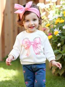 SHEIN Vintaside Kids 女婴白色圆领运动衫搭配粉色蝴蝶结印花和牛仔裤搭配粉色蝴蝶结刺绣，可爱甜美套装，秋冬 - 彩色 - 查看 6
