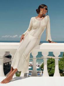 Swim Chiccia New Solid Color Women's Spring/Summer Crochet Mesh Hollow Out Design Dress Beach Cover Up Dress, Resort Style