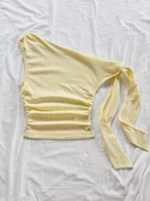 Soleia 性感不对称领口系带荷叶边修身淡黄色衬衫，适合派对、度假、音乐节、波西米亚风、节日约会、下午茶