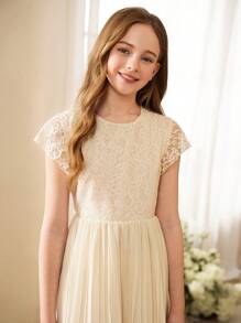 SHEIN Tween Girls' Lace Chiffon Princess Dress Pleated Sweet Flower Girl Wedding Gown