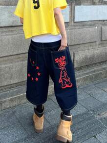 PAVTROS 男士卡通印花宽松口袋牛仔短裤 - 藍色 - 查看 1