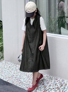 Dazy Kids Vestido vaquero sin mangas de cuello en V holgado para niñas preadolescentes - Negro - Ver 6