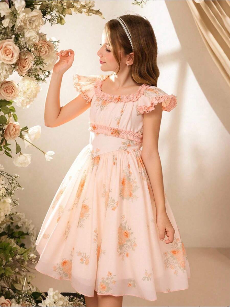 Tween Girls Elegant Floral Digital Print Square Neck Backless Bow Decor Party Tulle Dress, Suitable For Wedding, Bridesmaid, Summer - Orange - View 1