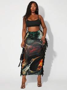 SHEIN SXY 大码女装春夏性感基本休闲街头风格复古元素印花流苏织带装饰酷炫半身裙休闲、购物、街头服饰、外出、轻松搭配且修身、凸显身材、修饰身材 - 彩色 - 查看 5