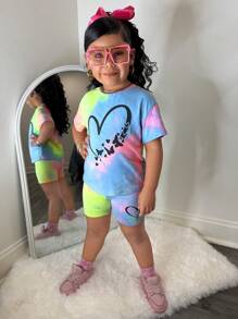 Set de 2 buc pantaloni scurți cu mânecă scurtă, casual, minimalisti, cu imprimeu de inimă, pentru fete tinere, potriviți pentru vară - Multicolor - Vizualizare 5