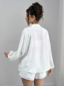 SHEIN 2pcs Maternity Summer Outfit: Long Sleeve Ruffled Blouse And Casual Shorts Set - White - View 2