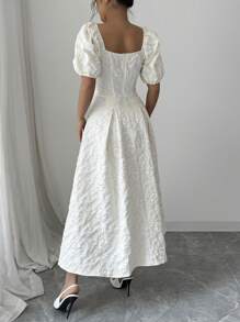 Chiquease Damen Strukturiertes Puffärmel Kleid in knöchellanger Länge