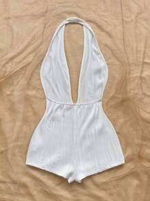 Soleia Salopetă de damă albă, tricotată, texturată, cu model ondulat, cu mânecă în V adânc, fără spate, sexy, slim fit, perfectă pentru petrecere, întâlnire, ceai de după-amiază, vacanță boho, plajă la mare, vară