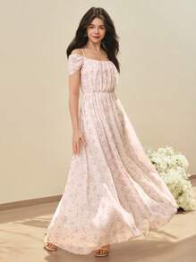 SHEIN 适合少女的优雅选美礼服，适合正式婚礼派对的雪纺花卉印花露肩吊带长裙，适合女孩 - 粉色 - 查看 3