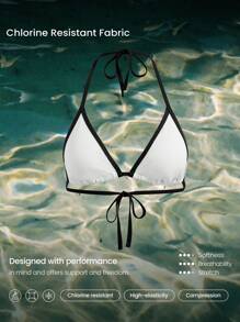 GLOWMODE Shade To Shore Quick Dry Chlorine Resistant Removable Cups Colorblock Trim Halter Triangle Bikini Top Swimming Beach Pool Vacation Resort Travel Summer Wear