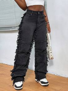 Slaydiva Women All-Season High Waisted Wide Leg Jeans With Fringe - Black - View 4