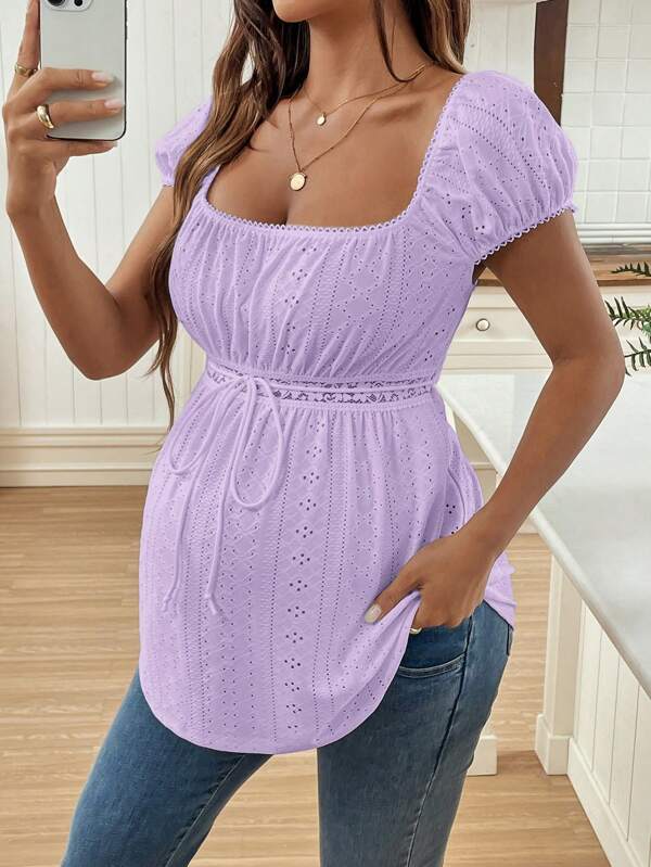 SHEIN Camiseta de mujer embarazada de cuello cuadrado, manga raglán y textura de jacquard con fruncido en unicolor