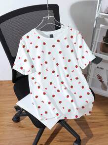 SHEIN EZwear Camiseta feminina casual minimalista com estampa gráfica de laço de morango e gola redonda, manga curta e folgada, adequada para férias, festivais de música, viagens de meninas