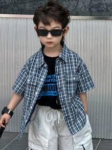 DAZY Young Boys' Plaid Print Button-Down Short Sleeve Shirts, Summer - Blue - View 5