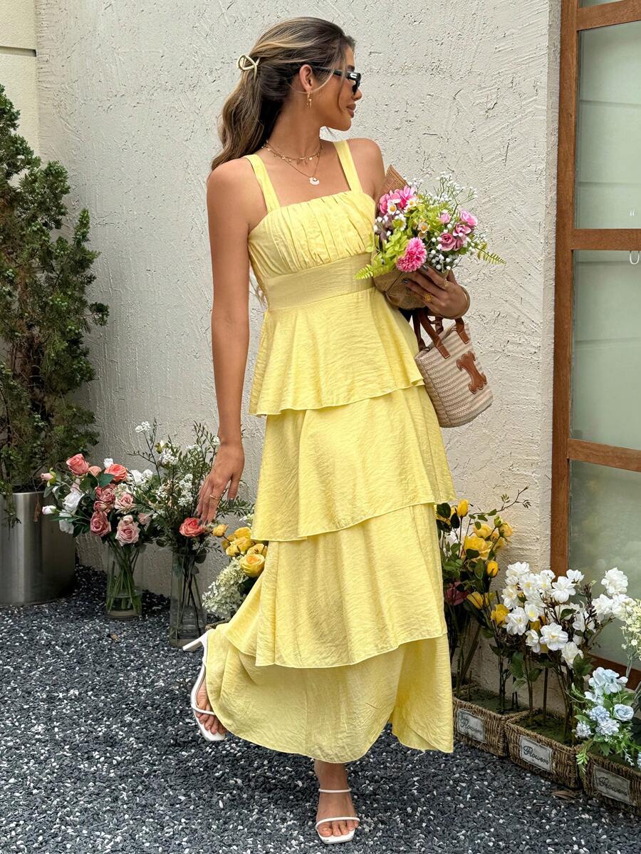 SHEIN LUNE Váy midi dây buộc đơn giản viền bèo nhún cho nữ, vải có họa tiết cho trang phục ngày lễ và giải trí, thanh lịch cho hoạt động ngoài trời, mùa xuân/hè - Màu vàng - Xem 1