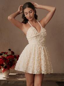 SHEIN Unity Vestido de fiesta de té color albaricoque de manga corta con cuello en V, lazo en el cuello, decoración con perlas y cadena, textura de tela floral romántica con encaje elegante, para primavera/verano - Albaricoque - Ver 2