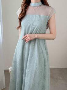 FRIFUL Đầm dài dáng chữ A cổ đứng phối ren lưới tương phản dành cho nữ, chân váy xòe rộng. - màu xanh lá - Xem 3