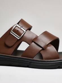 SHUZIA Top Seller Men's Buckle Decor Pu Brown Slide Sandals - Premium & Stylish. - Brown - View 5