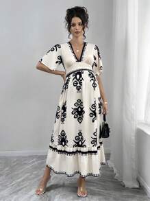 Momance 孕妇全身印花荷叶边下摆深V领短袖连衣裙 - 杏色 - 查看 2