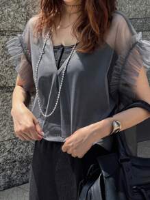 FRIFUL 女式网眼荷叶边宽松重叠休闲夏季上衣，女性沙滩度假装
