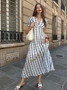 Pariaura Vestido vintage con cuello en V, estampado y manga abullonada, con cintura definida, para primavera/verano - Azul y blanco - Ver 4