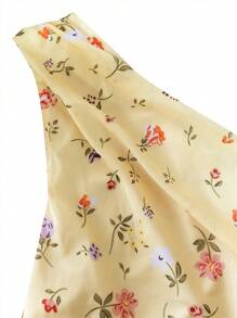 Breezaya Blusa casual de verano para vacaciones con hombro asimétrico y estampado floral disperso en amarillo para mujer