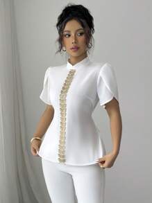 Selianne Women's Stand Collar Shirt With Gold Lace Panel