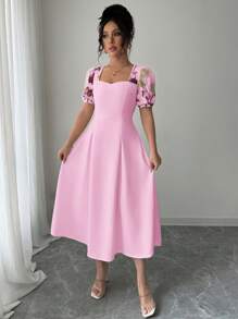Elenzga Vestido de mujer con cuello cuadrado, mangas abullonadas, bordado y cintura plisada