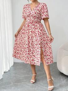 SHEIN Clasi Plus Size Women's Summer Vacation Ditsy Floral V-Neck Ruched High Slit Maxi Dress  Graduation Dress Wedding Guest Dress Women Vacation Outfits Woman  Sundress Festival Birthday Dresses For Women